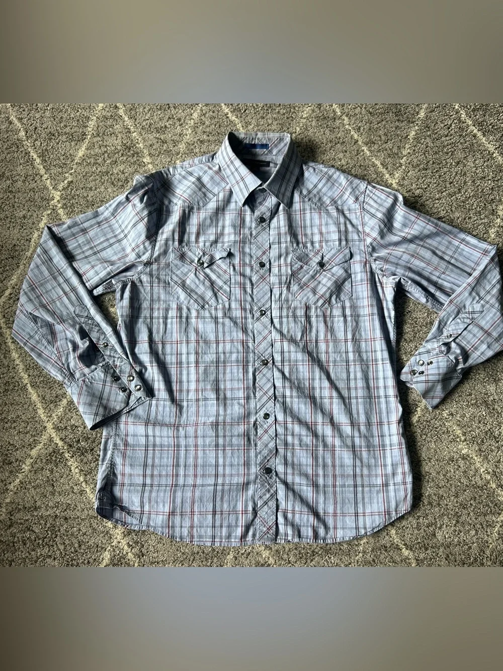 Banana Republic Men's Shirt Light Blue and Red Plaid Pearl Snap Preppy Western